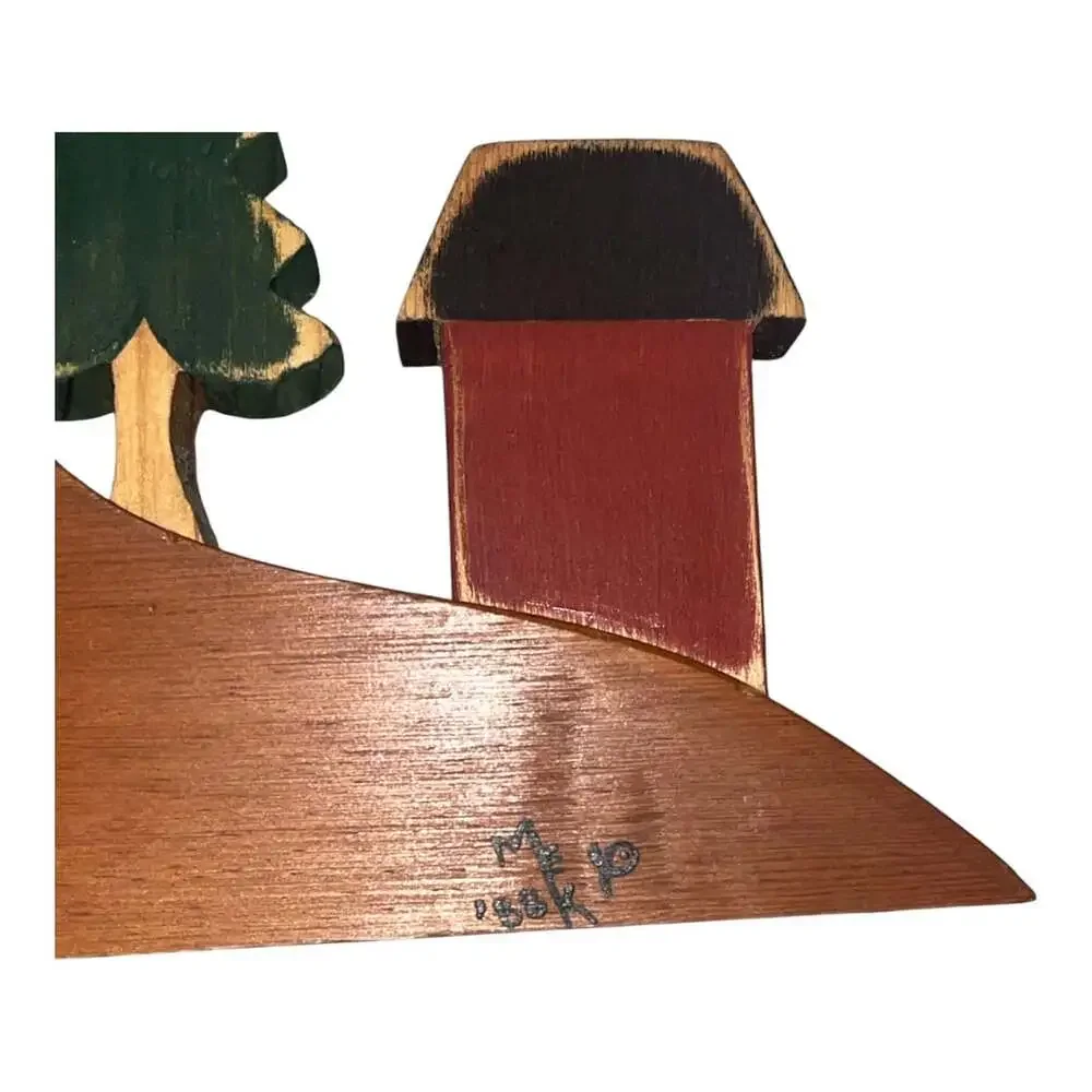 Vintage Hand Crafted Folk Art Wooden Heart Mantel Clock with Village and Tree